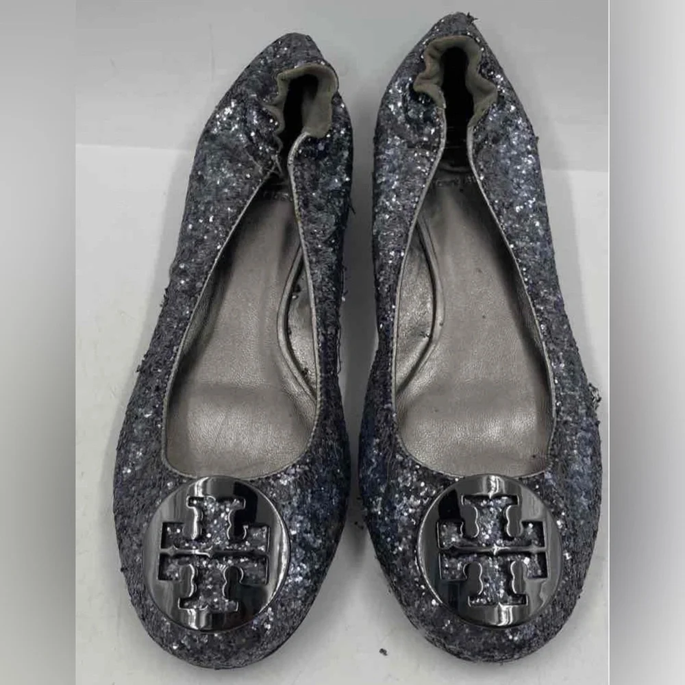 Tory Burch Black Glitter Reva Ballerina Flats Sz 7.5
